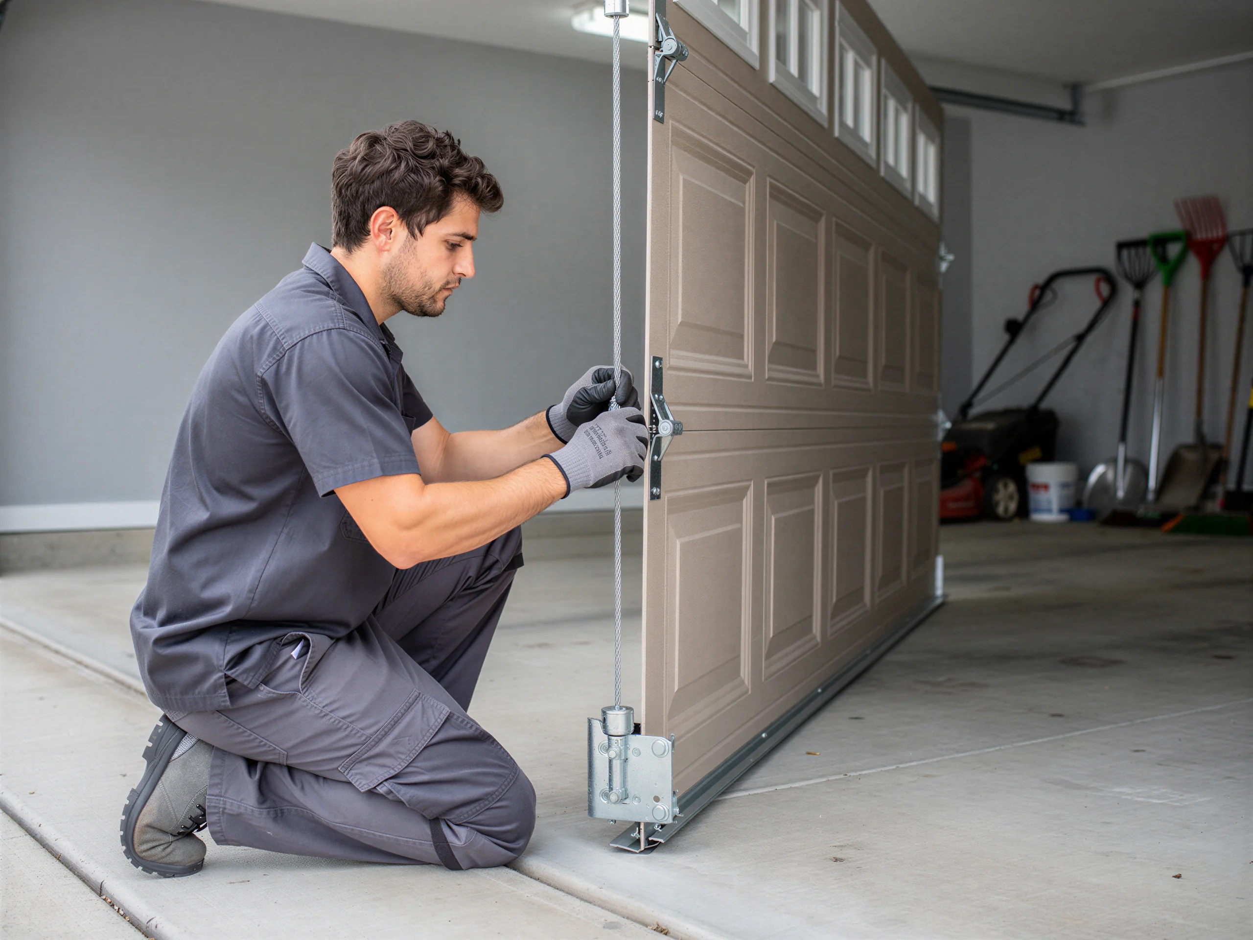 A technician is kneeling and working on a beige garage door cable and roller.