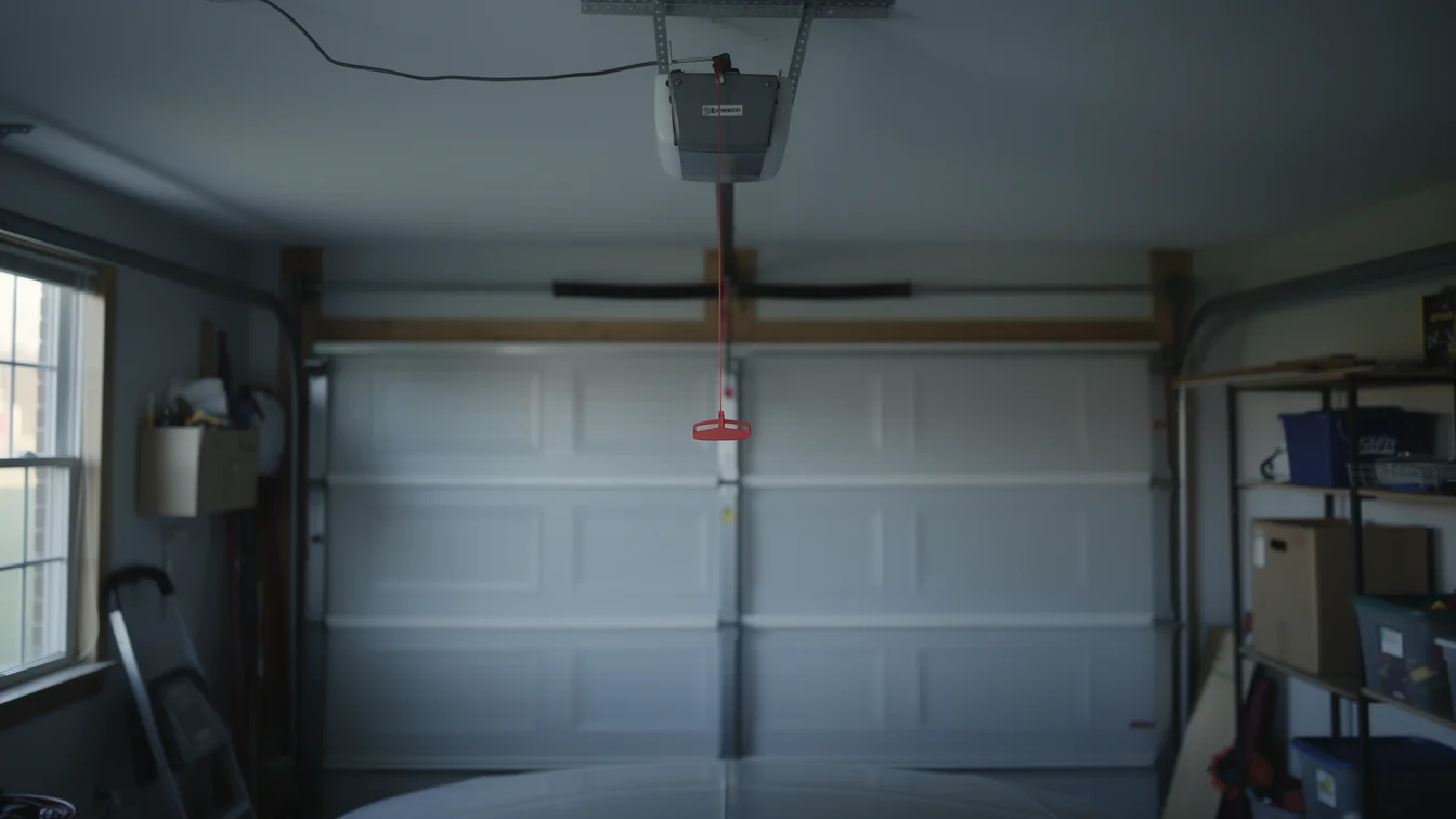 A garage door opener hangs above a closed white garage door.